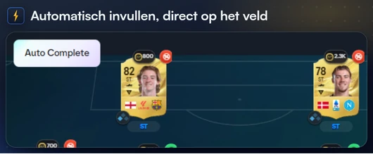De knop Automatisch invullen van FC Helper linksboven op het elftalscherm van een SBC in de Web App