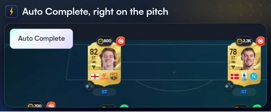 FC Helper's Auto Complete button at the top left of an SBC squad screen in the Web App