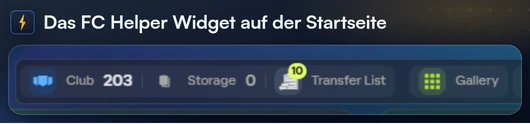 Die Club-Leiste von FC Helper auf dem Startbildschirm der Web App mit der Club-Zahl, der Speicher-Zahl und der Zahl der Transferliste