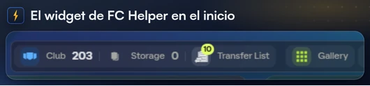 La barra del club de FC Helper en el inicio de la Web App con el número del club, el del almacén y el de la lista de transferencias