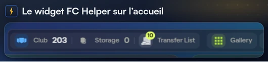 La barre du club de FC Helper sur l’accueil de la Web App avec le nombre Club, le nombre Stockage et le nombre de la liste de transferts