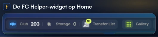 De clubbalk van FC Helper op het Home-scherm van de Web App met het Club-aantal, het Opslag-aantal en het Transferlijst-aantal