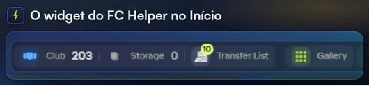 A barra do clube do FC Helper na tela inicial do Web App com o número do clube, o do armazenamento e o da lista de transferências