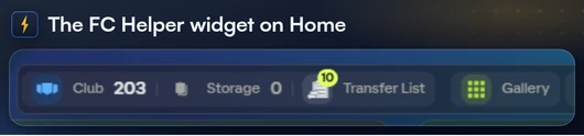 FC Helper's club bar on the Web App Home with the Club count, the Storage count and the Transfer List count