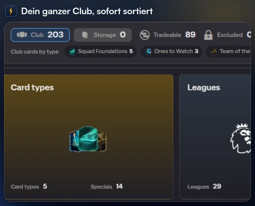 Die Vereinsübersicht von FC Helper mit den Zahlen für Club, Storage, Tauschbar und Ausgeschlossen und der Kartentypen-Übersicht