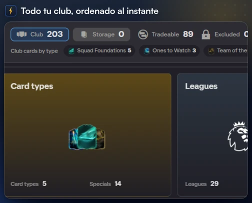 La hoja del club de FC Helper con los números de Club, Storage, Transferible y Excluido y el resumen por tipo de carta
