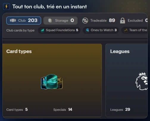 La fiche du club de FC Helper avec les nombres Club, Storage, Échangeable et Exclu et l’aperçu par type de carte
