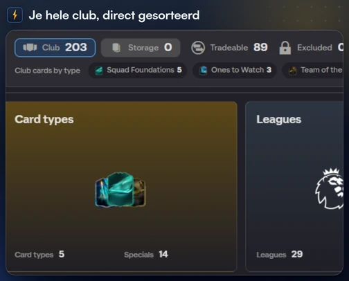 Het clubblad van FC Helper met de aantallen Club, Storage, Verhandelbaar en Uitgesloten en het overzicht per kaarttype