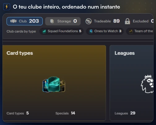 A ficha do clube do FC Helper com as contagens de Club, Storage, Negociável e Excluído e o resumo por tipo de carta