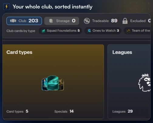 FC Helper's club sheet with the Club, Storage, Tradeable and Excluded counts and the card type overview