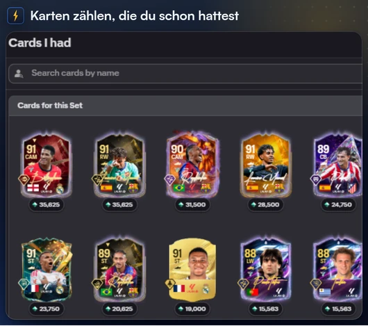 Der Dialog Karten, die ich hatte, der vor FC Helper verkaufte oder genutzte Karten für ein Set zählt