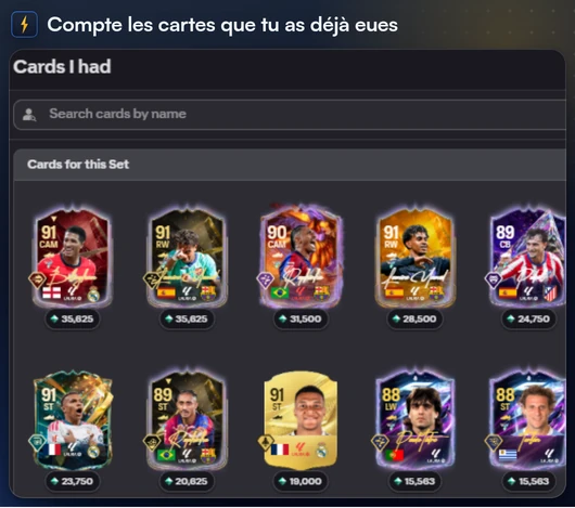 La fenêtre Cartes que j’avais, qui compte pour un set les cartes vendues ou utilisées avant FC Helper