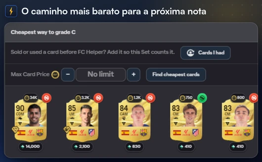 A página de um set depois de Encontrar as cartas mais baratas: o plano lista as cartas a comprar com seus preços