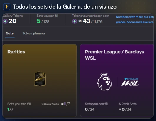 La ventana de la Galería con cada set y cuántas de sus cartas tienes