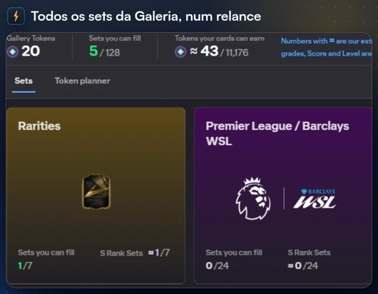 A janela da Galeria listando cada set e quantas das suas cartas você tem
