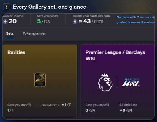The Gallery window listing every set with how many cards of each you own