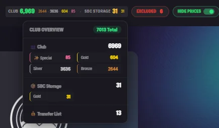 Club widget bar showing player counts, SBC storage, excluded players, and Hide Prices toggle