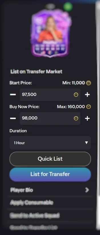Quick List button on player card