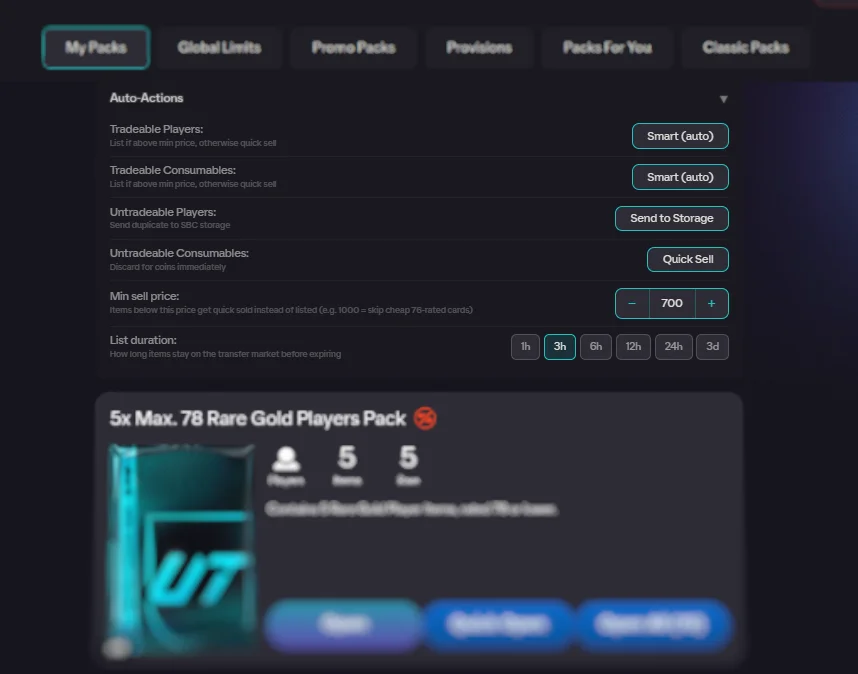 Auto-Actions panel with four dropdowns and min sell price stepper