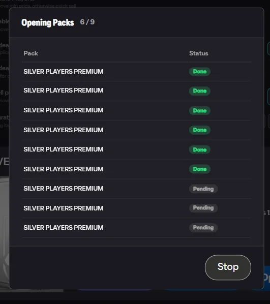 Opening Packs progress modal with counter and status rows