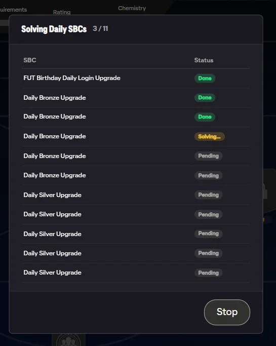 Batch solving progress with per-SBC status rows