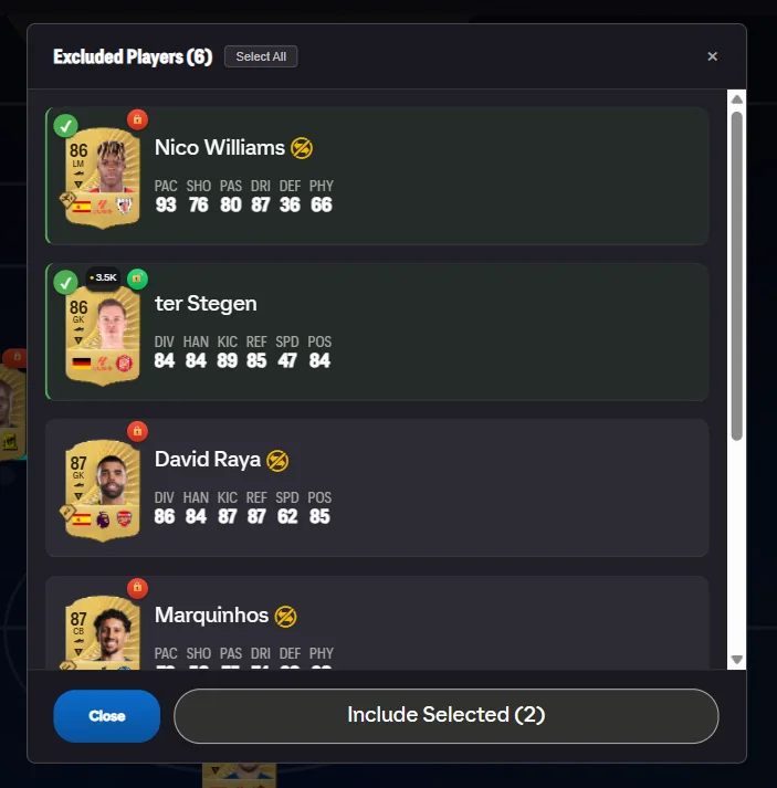 Venster met uitgesloten spelers en selecties