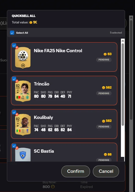 Bevestiging voor quicksell met totaal aan coins
