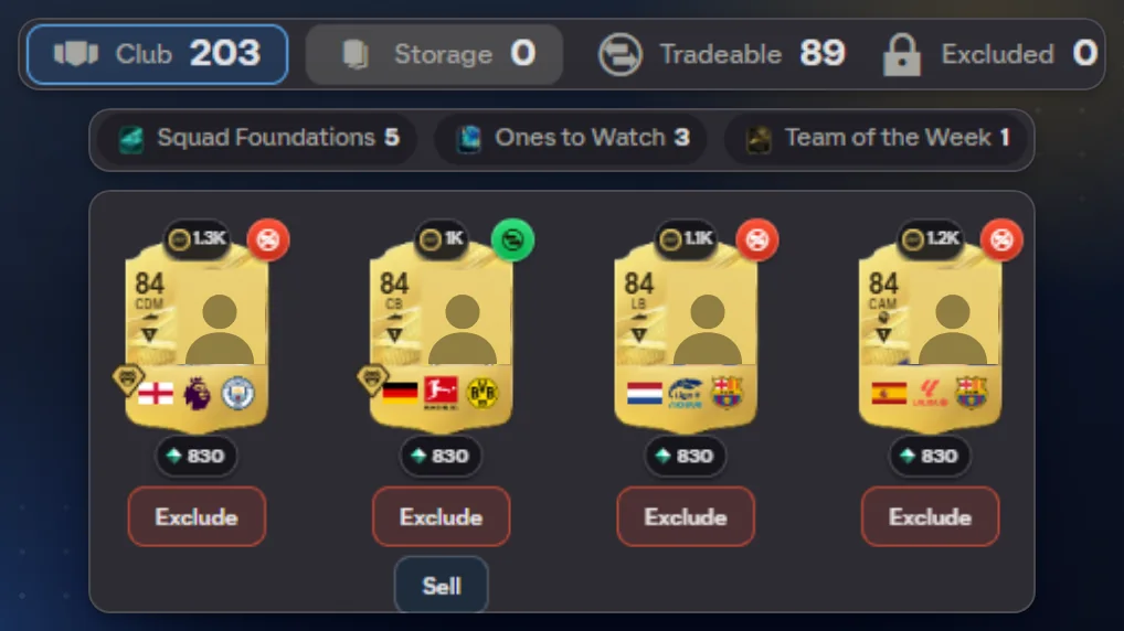 The Club window: club, storage, tradeable and excluded counts, with an Exclude button under each card