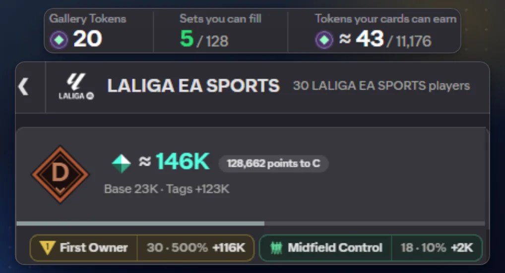 A Gallery set: grade D, about 146K points, with its First Owner and Midfield Control tags