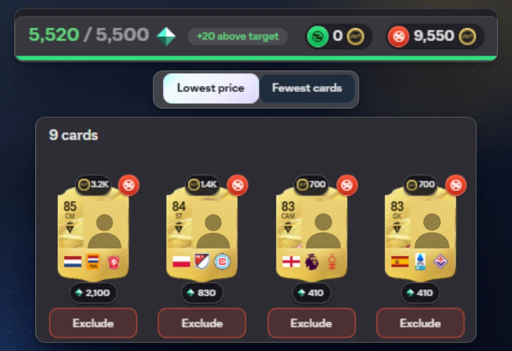 A score SBC reached: 5,520 of 5,500 with nine cards, lowest price first