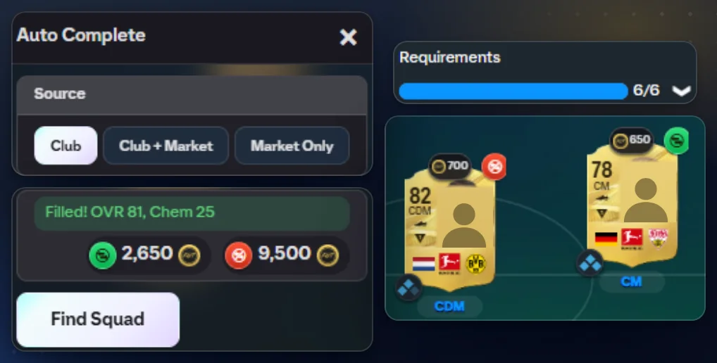 The Auto Complete panel beside a filled pitch: Filled, OVR 81, Chem 25, every requirement met
