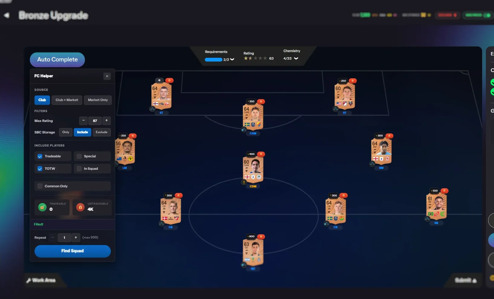 Solved SBC squad on the pitch with market prices shown
