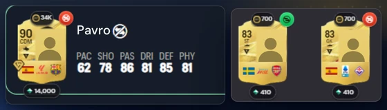 Cards with price, duplicate, tradeable and excluded badges
