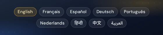 The nine languages: English, Français, Español, Deutsch, Português, Nederlands, Hindi, Chinese and Arabic