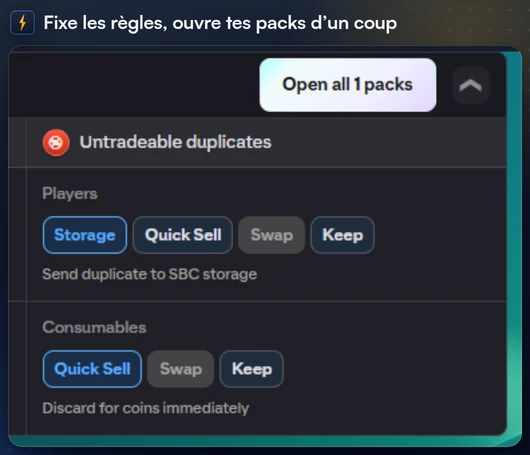 La carte Actions auto dans Mes packs, avec une règle pour chaque type de doublon