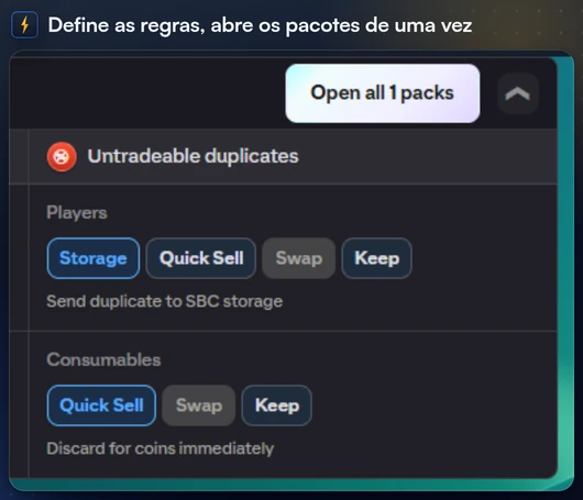 O cartão Ações automáticas em Meus pacotes, com uma regra para cada tipo de duplicata