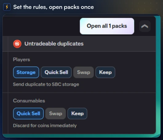 The Auto actions card on My Packs with a rule for each kind of duplicate