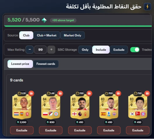 نافذة النقاط في FC Helper على تحدي نقاط: بطاقاتك مقابل النقاط المطلوبة، مع أقل سعر وأقل عدد بطاقات