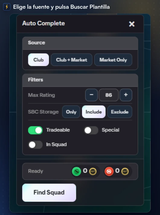 El panel Auto Completar de FC Helper abierto en una pantalla de plantilla de SBC, con origen, nota, opciones de cartas y Buscar Plantilla