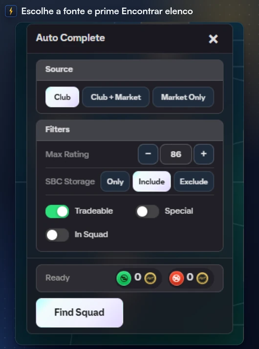 O painel Completar automaticamente do FC Helper aberto numa tela de elenco de SBC, com origem, nota, opções de cartas e Encontrar elenco