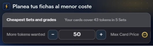 El planificador de tokens de la Galería con los tokens deseados y el Precio máx. por carta