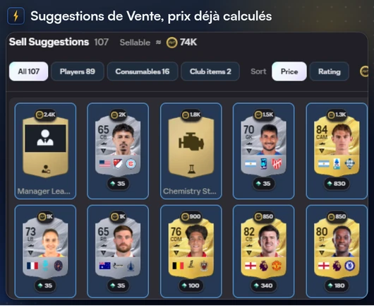Suggestions de Vente : cartes échangeables du club avec leurs prix et un bouton pour les mettre au prix du marché