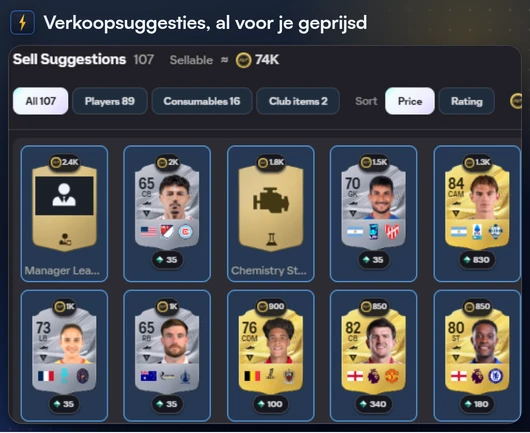 Verkoopsuggesties: verhandelbare clubkaarten met hun prijzen en een knop Plaatsen tegen marktprijs