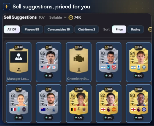 Sell Suggestions: tradeable club cards with their prices and a List at market price button