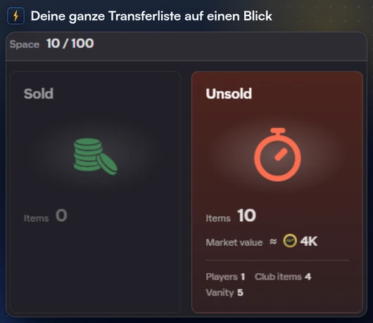 Das Transferlisten-Fenster von FC Helper mit Verkauft, Unverkauft, Verfügbar und Eingestellt und der Aktionsleiste unten