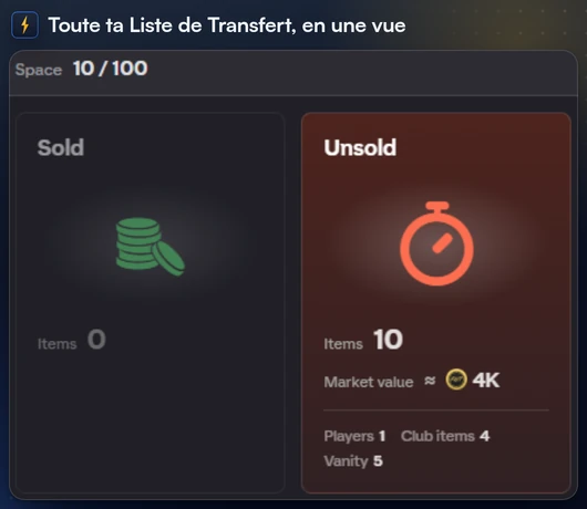 La fenêtre de liste de transferts de FC Helper avec Vendus, Invendus, Disponibles et En vente et la barre d’actions en bas