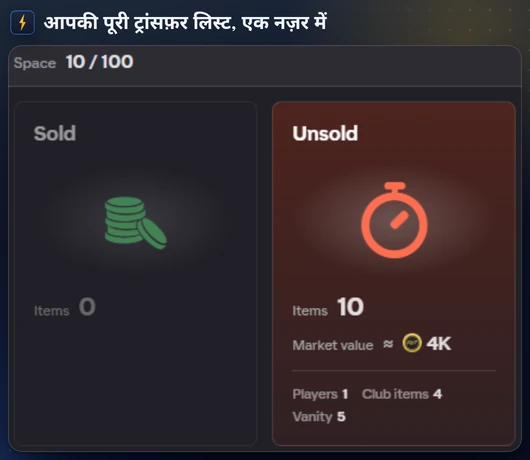 FC Helper की ट्रांसफ़र लिस्ट विंडो, बिके, नहीं बिके, उपलब्ध और सूचीबद्ध और नीचे की एक्शन बार के साथ