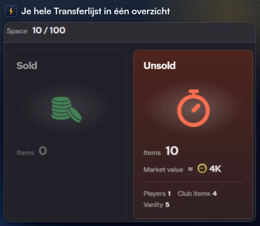 Het Transferlijst-venster van FC Helper met Verkocht, Onverkocht, Beschikbaar en Te koop en de actiebalk onderaan