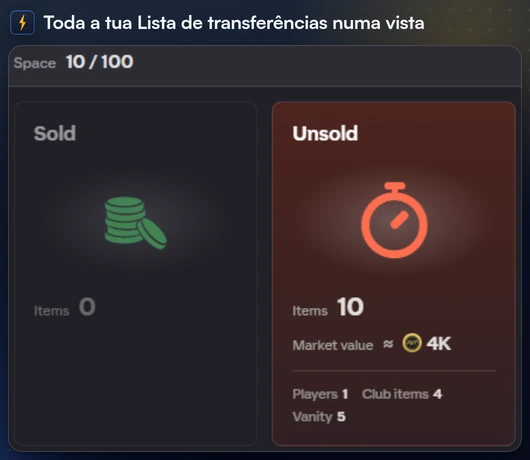 A janela da lista de transferências do FC Helper com Vendidos, Não vendidos, Disponíveis e À venda e a barra de ações embaixo